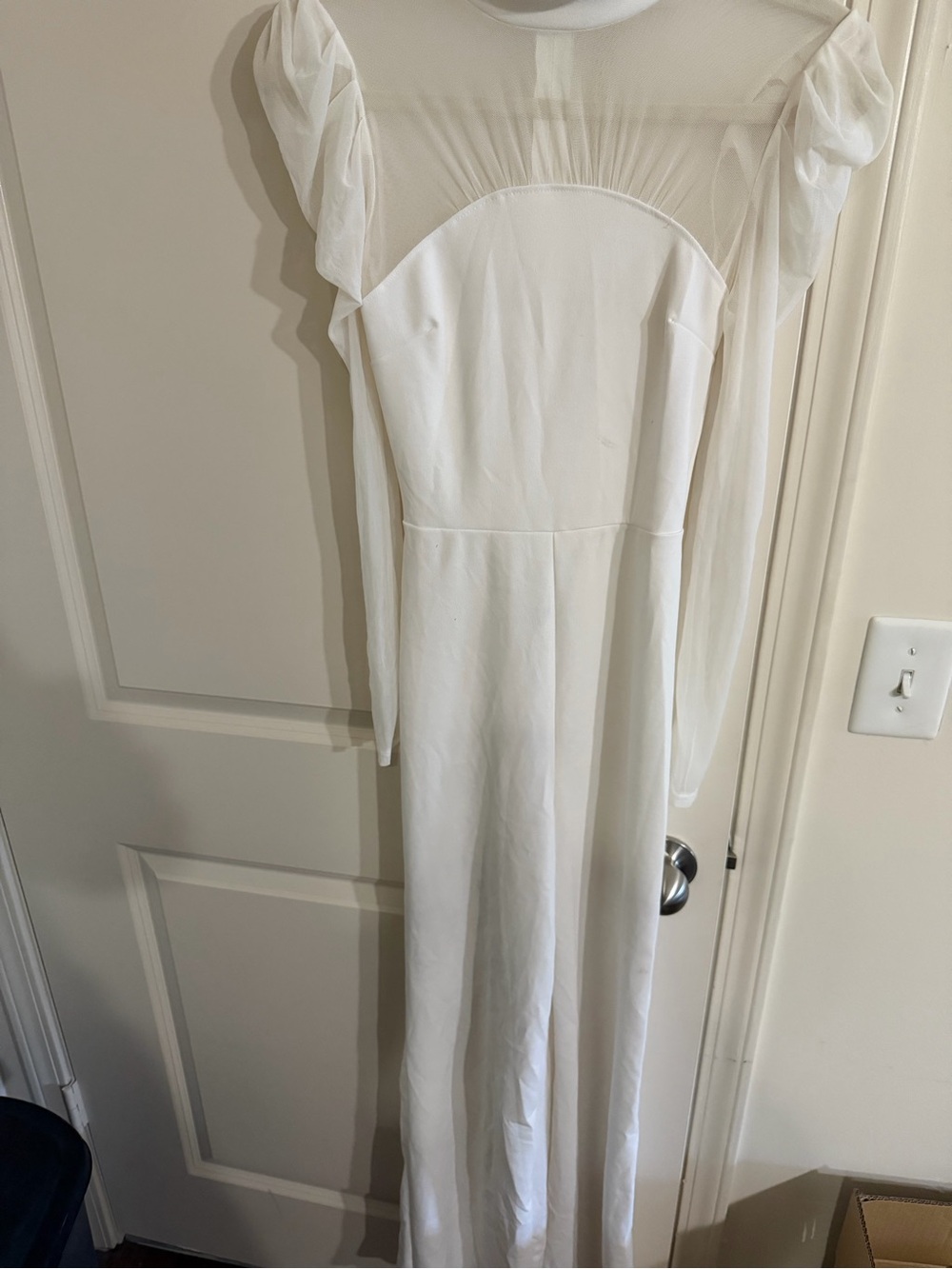 Elegant White Mesh-Yoke pant jumpsuit